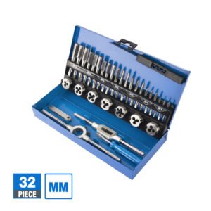Steel Tap and Die Set, 32-Pieces, Metric, includes 7x M3 - M12 Dies, 21x M3-M12 Taps, Tap Wrench, Die Stock, Pitch Gauge and Screwdriver